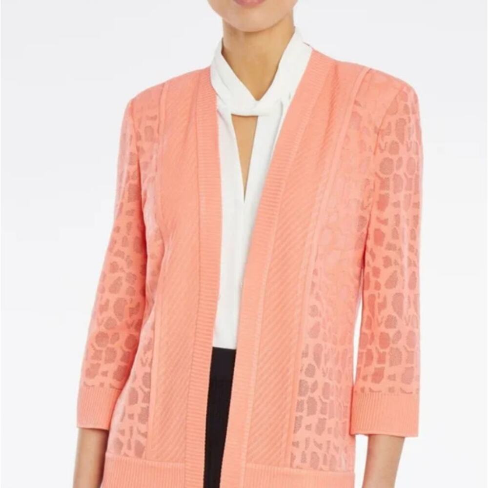 Misook Animal Pattern Burnout Knit Jacket Orange Open Front Textured NWT Size XS